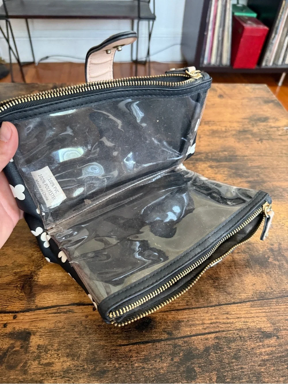 Kensie Black and Cream Floral Zip Wristlet with Tan Snap Strap